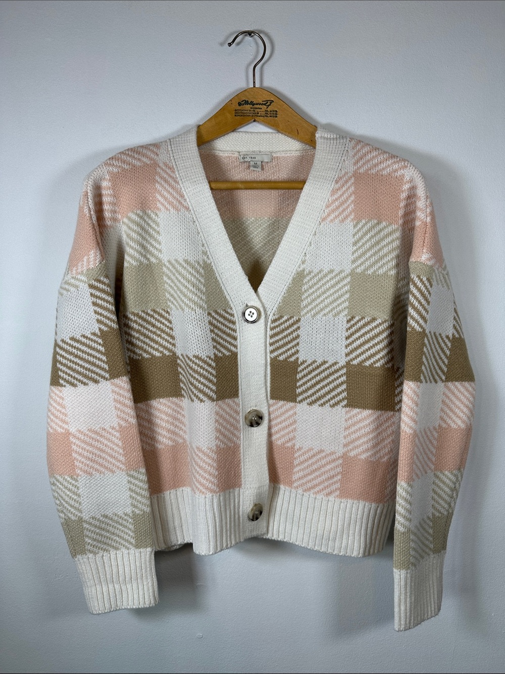 EST. 1948 Buffalo Plaid Button Front Cardigan Sweater Pink & Taupe Women's M - Picture 2 of 9
